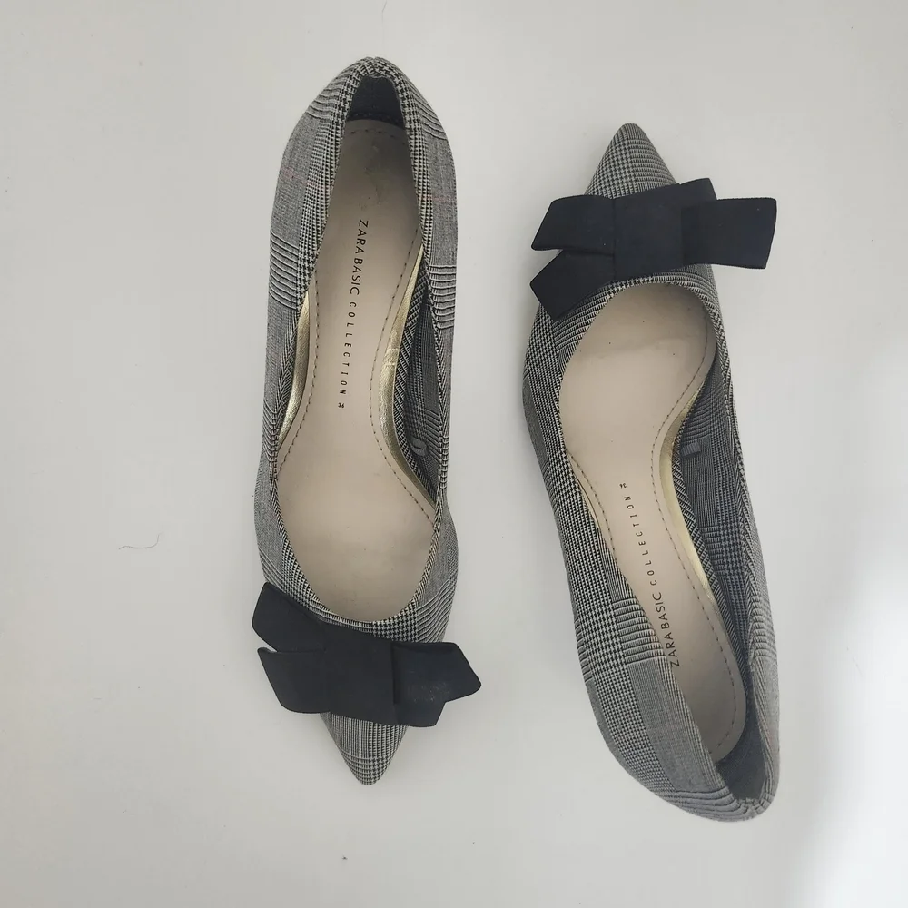 Zara Women’s Black Gray Plaid Bow Mini Heels EU 36 Pumps Office Career Shoes - Picture 7 of 16